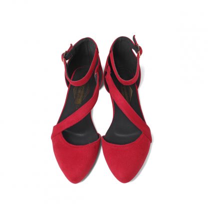 women's red ballet flat over head view